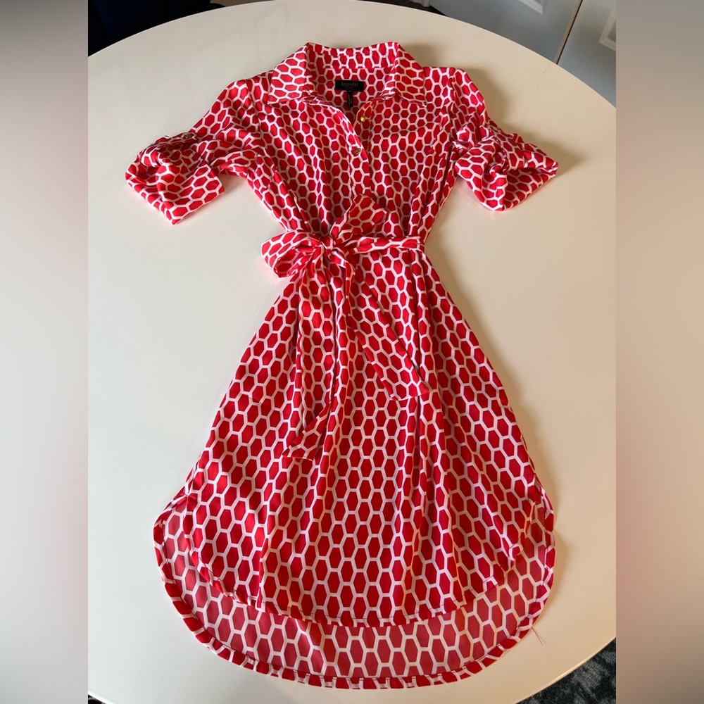 Coral Geometric Tie Dress with Front Buttons